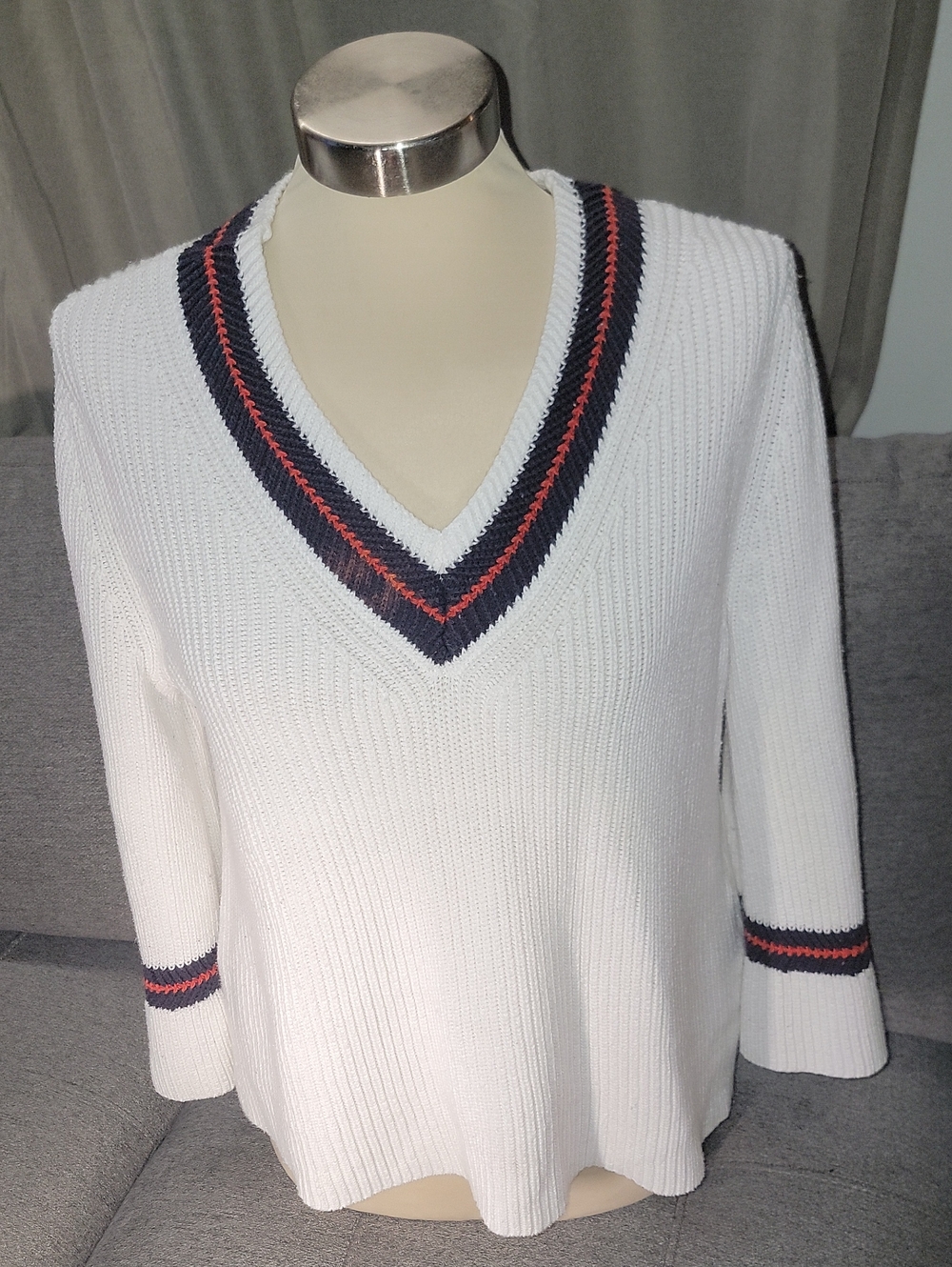 CAbi White V-Neck Sweater with Navy & Coral Trim